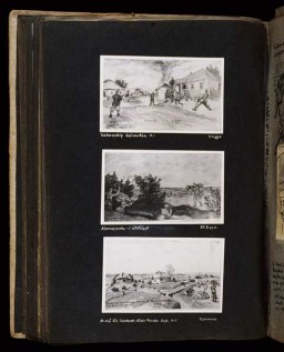 (Bottom) View of fortifications built at Kalimovka to defend the advancing troops of the 4th Infantry Division of the Hungarian 2nd Army. In the lower right corner of the drawing, men prepare the grave of Jewish Labor Serviceman Nandor Klein, the first fatality of the company. The Hungarian caption reads: The death of our first hero, Nandor Klein, his grave, June 5, 1942." Klein was killed by a stray Soviet bullet on his way back to base. [Photograph #58013]