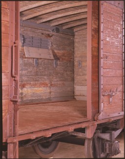 Many different kinds of railway cars were used for deportations. They varied in size and weight. The railway car on display in the United States Holocaust Memorial Museum's Permanent Exhibition is of just one type used. The dimensions of the railway car in the Museum's exhibition are as follows: Total length 31 feet 6 inches (9.6 meters); interior space for deportees 26 feet 2 inches (8 meters). Total height 14 feet (4.3 meters) from the bottom of the wheel to the highest point of the car; interior space for deportees (ceiling curves down from the middle): 7 feet 4 inches (2.2 meters ) at the center; 7 feet (2.1 meters) at the sides. Total width 13 feet 2 inches (4 meters, including the roofing); interior space for deportees: 8 feet 10 inches (2.7 meters).