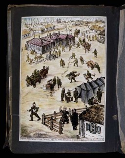 Watercolor depicting Hungarian soldiers from a medical unit moving into a Russian village and setting up operations, April 10, 1943. [Photograph #58122]