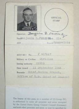 Pass issued to Benjamin Ferencz, war crimes investigator and later chief prosecutor in the Einsatzgruppen Trial. This pass granted the bearer free movement within the US-occupied zone of postwar Germany.