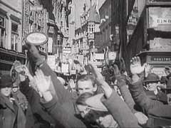 In an attempt to prevent the German annexation of Austria, Austrian chancellor Kurt von Schuschnigg called a plebiscite (referendum) on Austrian independence. On March 11, 1938, the Germans pressured Schuschnigg to cancel the plebiscite and resign. This German newsreel footage from March and April 1938 served as propaganda for the Nazi annexation of Austria. It begins with images of pro-Nazi residents in Graz expressing their opposition to Schuschnigg's plebiscite. It also includes footage after Schuschnigg's resignation when the residents of Graz and other Austrian cities celebrated the Austrian union with Germany (the Anschluss). 