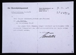 Authorities in Berlin, Germany, sent this notice to Barbara Wohlfahrt, informing her of her husband Gregor's execution on the morning of December 7, 1939. Although he was physically unfit to serve in the armed forces, the Nazis tried Wohlfahrt for his religious opposition to military service. As a Jehovah's Witness, Wohlfahrt believed that military service violated the biblical commandment not to kill. On November 8, 1939, a military court condemned Wohlfahrt to beheading, a sentence carried out one month later in Ploetzensee prison in Berlin.