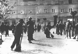 Gendarmes húngaros supervisan a un grupo de judíos que realizan trabajos forzados. Senta, Yugoslavia, mayo de 1941.