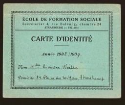 After adopting a new identity in late 1943, Simone Weil falsified her student card from the year 1938-1939 to bear her assumed name, Simone Werlin. The card verified enrollment in the School of Social Work in Strasbourg. Using forged and falsified documents, Weil was able to move to Chateauroux, France, and establish an operation to rescue Jewish children as a member of the relief and rescue organization Oeuvre de Secours aux Enfants (Children's Aid Society; OSE).