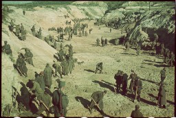 SS men guard Soviet prisoners of war doing forced labor near the Babyn Yar killing site. The photograph was taken within days of the mass murder of over 33,000 Jews on September 29-30, 1941. Kyiv (Kiev), German-occupied Soviet Union, after September 30, 1941.