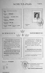 Swedish "protective pass" issued to Lili Katz, a Hungarian Jew. The document was initialed by Raoul Wallenberg (bottom left). Budapest, Hungary, August 25, 1944.
