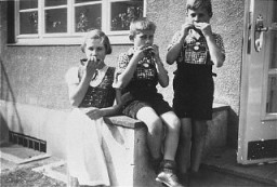 Элизабет, Ханс Вернер и Пол Герхард Куссеровы. Поскольку они были детьми свидетелей Иеговы, всех троих исключили из школы 7 марта 1939 года и насильственно забрали из семьи, обвинив их родителей в духовном и нравственном разложении. Они были освобождены в апреле 1945 года. Эта фотография была сделана в доме Куссеровых в Бад-Липшпринге, в 1936-1939 годах.