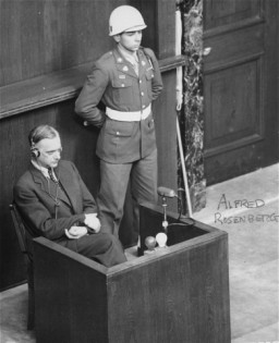 Former Nazi Party ideologist Alfred Rosenberg on trial at the International Military Tribunal war crimes trial. Nuremberg, Germany, April 15, 1946.