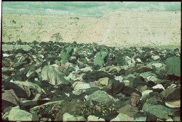 SS men search through massive piles of clothing belonging to the more than 33,000 Jews murdered at the nearby Babyn Yar killing site. The SS forced the victims to undress and leave their belongings behind. The Jews were then marched or driven to the shooting site. Kyiv (Kiev), German-occupied Soviet Union, after September 30, 1941. 
