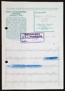 Magdalena Kusserow, incarcerated in a special barracks for Jehovah's Witnesses in the Ravensbrück concentration camp, used stationery provided to prisoners to write a letter to her sister Annemarie in April 1942. The handwritten numbers in the block in the upper right identify Magdalena as prisoner 9591, assigned to block 17a. Magdalena wrote to her sister in part (translated from German): "Dear Annemarie. Received your letter of March 15, did you get mine? I'm fine. How did it go with Wolfgang's 2nd appointment on March 24? [words blotted out by German censor] .... How are you and why did you quit your job? Are you still not well? ..." In 1945, Magdalena and her mother were sent on a death march and were eventually liberated by Soviet forces.