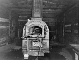 Crematorium oven used in the Bergen-Belsen concentration camp. Photograph taken after the liberation of teh camp. Bergen-Belsen, Germany, April 28, 1945.