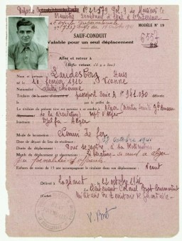 Safe conduct pass issued to Hans Landesberg in the Djelfa internment camp, releasing him to leave for Algiers. Djelfa, Algeria, January 26, 1943. Hans was born in Vienna, Austria, and went to medical school. After graduating, he left for Paris and joined a battalion of the International Brigade to fight in the Spanish Civil War. He returned to France in February 1939, only to be interned first in Argeles and then in Gurs. Some time after the French surrender to Nazi Germany in June 1940, Hans and other political prisoners were transported to the fortress of Mont-Louis near Andorra. Hans was then deported on a freighter to Oran, Algeria. From Oran, he was sent first to Algiers. In 1941, Hans reached Djelfa, an internment camp where the prisoners were housed in tents.  He eventually received this safe conduct pass after writing to authorities that in 1939 he had begun the process to obtain an immigration visa to the United States. 