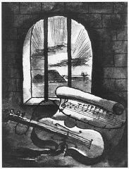 1943 still life of a violin and sheet of music behind prison bars by Bedrich Fritta (1909–1945). Fritta was a Czech Jewish artist who created drawings and paintings depicting conditions in the Theresienstadt camp-ghetto. He was deported to Auschwitz in October 1944; he died there a week after his arrival.