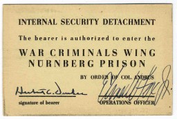 Back side of an entry pass to the prison housing war criminals at the International Military Tribunal. This pass was issued to a U.S. military guard.