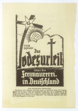 Illustration from cover of a German anti-Masonic pamphlet by Friedrich Haffelbacher, entitled "Das Todesurteil ueber die Freimaurerei in Deutschland" [The Death Sentence for Freemasons in Germany].