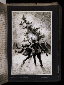 Drawing entitled 'Christmas Apotheosis! Don't let them do it' in which a member of a Hungarian medical unit stands behind a wounded Hungarian soldier as Russian tanks are destroying a Christmas tree. [Photograph #58087]