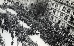 Aerial photograph of a Fascist rally in Merano, Italy, 1935–37.
 