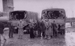 Survivors of the Buchenwald concentration camp gather around trucks carrying American troops. Germany, May 1945.