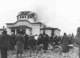 Local residents watch the burning of the ceremonial hall at the Jewish cemetery in Graz during Kristallnacht (the "Night of Broken Glass"). Graz, Austria, November 9–10, 1938.