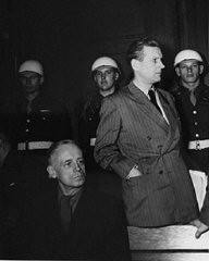 Joachim von Ribbentrop (left), former German Foreign Minister, and Baldur von Schirach (right), former leader of the Hitler Youth, during a recess at the International Military Tribunal.