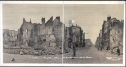 This 1919 photograph shows destruction in the leading business thoroughfare of Rheims after bombardment during World War I. Rheims, France, 1919.