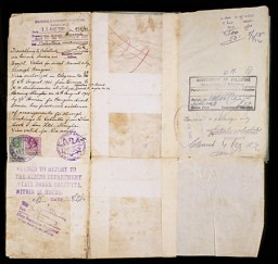 This page of a Polish citizenship certificate issued to Samuel Solc contains two visas. The first (left), stamped by the British Passport control in Shanghai, allowed Samuel to travel to Palestine via Burma, India, Egypt, and Rangoon. The second visa (right) bears the British Mandate "Government of Palestine" stamp, dated February 6, 1942, and allowed Samuel to remain in Palestine permanently. [From the USHMM special exhibition Flight and Rescue.]