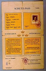 Protective document issued to a Jewish woman by the Swedish embassy in Budapest, Hungary, in 1944. Such documents protected the bearer from immediate deportation by the Germans to the Auschwitz killing center in occupied Poland. The "W" in the lower left corner indicates that Raoul Wallenberg initialed the document.