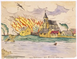 Cuadro en acuarela pintado por Simon Jeruchim, titulada "Recuerdo del 6 de junio de 1944". Tras haberse enterado de la invasión aliada a través de una radio de onda corta, el artista representa el bombardeo e incendio de un pueblo que se encuentra junto a un río.