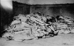 The bodies of former prisoners are piled in the crematorium mortuary in the newly liberated Dachau concentration camp. Dachau, Germany, April 29, 1945.
This image is among the commonly reproduced and distributed, and often extremely graphic, images of liberation. These photographs provided powerful documentation of the crimes of the Nazi era. 