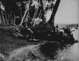 Landing operations on Rendova Island, Solomon Islands, June 30, 1943. American soldiers were huddled under tree branches during an attack at the break of day.