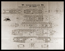 Plan of the two-propeller passenger liner the "St. Louis," showing cabins and room numbers. In 1939, this German ocean liner carried almost 1,000 Jewish refugees seeking temporary refuge in Cuba. It was forced to return to Europe after Cuba and then the United States refused to allow the refugees entry.