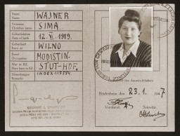 This identification card was issued to Sima Wajner, a Jewish resident of the Heidenheim displaced persons camp. The card identifies her as a former concentration camp inmate who had been imprisoned in the Stuffhof camp during the Holocaust. Card dated January 23, 1947.