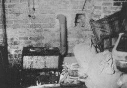 An underground bunker, built by Jews in Warsaw in preparation for anti-Nazi resistance. This photograph shows cooking facilities in a bunker. Jews hid in bunkers while the Germans systematically destroyed the ghetto during the uprising. Warsaw, Poland, April 19–May 16, 1943.