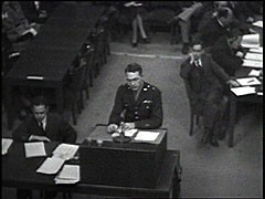 The Medical Case was one of 12 war crimes trials held before an American tribunal as part of the Subsequent Nuremberg Proceedings. The trial dealt with doctors and nurses who had participated in the killing of physically and mentally impaired Germans and who had performed medical experiments on people imprisoned in concentration camps. Here, chief prosecutor Brigadier General Telford Taylor reads into evidence a July 1942 report detailing Nazi high-altitude experiments and outlines the prosecution's goals for the trial.
