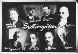 Nazi-produced propaganda slide entitled "Leading Figures of the System." The image was presented during a lecture called "Jewry, Its Blood-based Essence in Past and Future," Part I in a series on Jewry, Freemasonry, and Bolshevism. Germany, circa 1936.
The slide features the portraits of six prominent Jewish political and cultural figures in Weimar Germany. Georg Bernhard, Rudolf Hilferding, and Walther Rathenau were among the authors whose works were targeted during the 1933 Nazi book burnings.