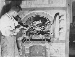 Sisa-sisa jasad manusia yang ditemukan dalam krematorium kamp konsentrasi Dachau setelah pembebasan. Jerman, April 1945.