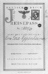 Passport issued to Lore Oppenheimer, a German Jew, with "J" for "Jude" stamped on the card. "Sara" was added to the names of all German Jewish women. Hildesheim, Germany, July 3, 1939.