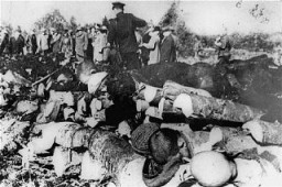 クルーガ強制労働収容所でソ連軍によって発見された囚人たちの遺体。ナチスの警備隊とエストニア人協力者は囚人の処刑後、遺体を焼却するために山積みにしていた。1944年9月、エストニア。