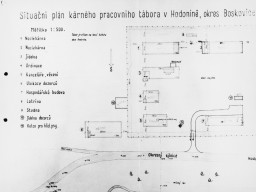 Diagram of the Hodonín u Kunštátu (Hodonin bei Kunstadt) camp in the Protectorate of Bohemia and Moravia (Czech Republic). Before it was converted into a Zigeunerlager (“Gypsy camp”) in 1942, it served as a penal labor camp. 
Translation of key:
Scale 1:500

Sleeping quarters
Sleeping quarters
Mess-hall
Infirmary
Offices, prison
Living quarters for guard staff
Economic/Agricultural Building
Latrine
Well
Mess-hall for guard staff
Pens for guard dogs
