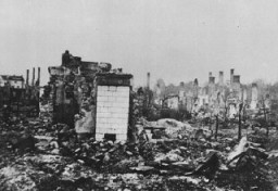 A Polish town lies in ruins following the German invasion of Poland, which began on September 1, 1939.