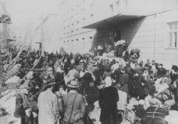 Deportation of Jews from Skopje, Yugoslavia, March 1943.
The Jews of Bulgarian-occupied Thrace and Macedonia were deported in March 1943. On March 11, 1943, over 7,000 Macedonian Jews from Skopje, Bitola, and Stip were rounded up and assembled at the Tobacco Monopoly in Skopje, whose several buildings had been hastily converted into a transit camp. The Macedonian Jews were kept there between eleven and eighteen days, before being deported by train in three transports between March 22 and 29, to Treblinka.