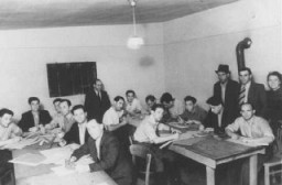 Drafting class sponsored by ORT (Organization for Rehabilitation through Training). Zeilsheim displaced persons camp. Germany, postwar.