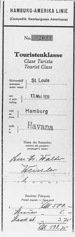 Boarding pass for Dr. Walter Weissler for a voyage on the St. Louis from Hamburg to Havana. When Cuban authorities refused the passengers entry, Weissler returned to France, where he survived in hiding. He died in Paris in 1996. Hamburg, Germany. Date of pass, May 13, 1939.
