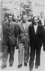 Three participants in the Treblinka uprising who escaped and survived the war. Photograph taken in Warsaw, Poland, 1945.
Pictured from left to right are: Abraham Kolski, Lachman and Brenner. After participating in the Treblinka uprising, they escaped from the camp and found temporary refuge in the nearby forest. Afterwards they hid with a Christian family until liberation.
 