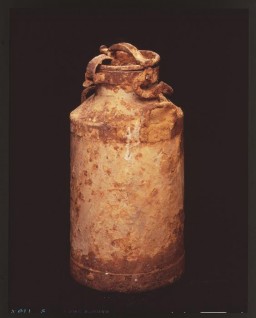One of the milk cans used by Warsaw ghetto historian Emanuel Ringelblum to store and preserve the secret "Oneg Shabbat" ghetto archives.This milk can, identified as no. 2, was unearthed at 58 Nowolipki Street in Warsaw on December 1, 1950.