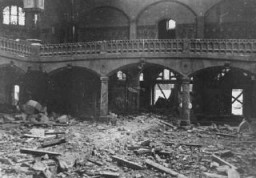 Interior of a synagogue destroyed during Kristallnacht (the "Night of Broken Glass"). Dortmund, Germany, November 1938.