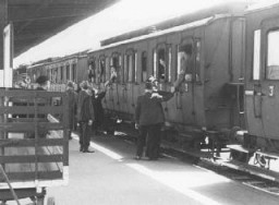 Departure of a train of German Jews being deported to Theresienstadt. Hanau, Germany, May 30, 1942.
