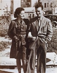 Jewish parachutist Hannah Szenes with her brother, before leaving for a rescue mission. Palestine, March 1944.
Between 1943 and 1945, a group of Jewish men and women from Palestine who had volunteered to join the British army parachuted into German-occupied Europe. Their mission was to organize resistance to the Germans and aid in the rescue of Allied personnel. Hannah Szenes was among these volunteers. 
Szenes was captured in German-occupied Hungary and executed in Budapest on November 7, 1944, at the age of 23.