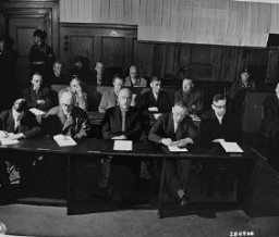 The IG Farben defendants hear the indictments against them before the start of the trial, case #6 of the Subsequent Nuremberg Proceedings. May 5, 1947.