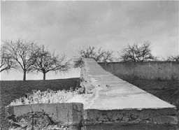 Vista de la pared que rodeaba el cementerio del Instituto de Hadamar. Se habían colocado trozos puntiagudos de vidrio para disuadir a los curiosos. Esta fotografía fue tomada por un fotógrafo militar estadounidense poco después de la liberación de Hadamar. Alemania, 5 de abril de 1945.